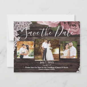 Rode rozen foto save the date met rustieke houten 