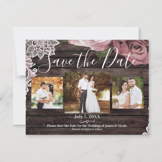 Rode rozen foto save the date met rustieke houten  (Voorkant)