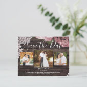 Rode rozen foto save the date met rustieke houten  (Staand voorkant)