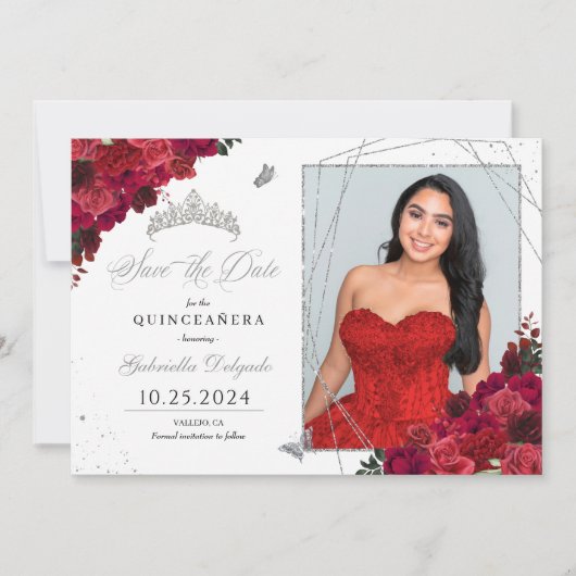 Rode Rozen Fotokaart Quinceañera De datum opslaan Kaart (Voorkant)