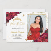 Rode Rozen Fotokaart Quinceañera De datum opslaan Kaart (Voorkant)