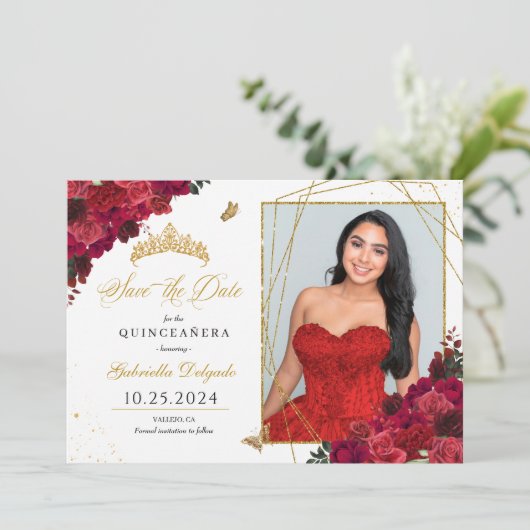 Rode Rozen Fotokaart Quinceañera De datum opslaan Kaart (Staand voorkant)