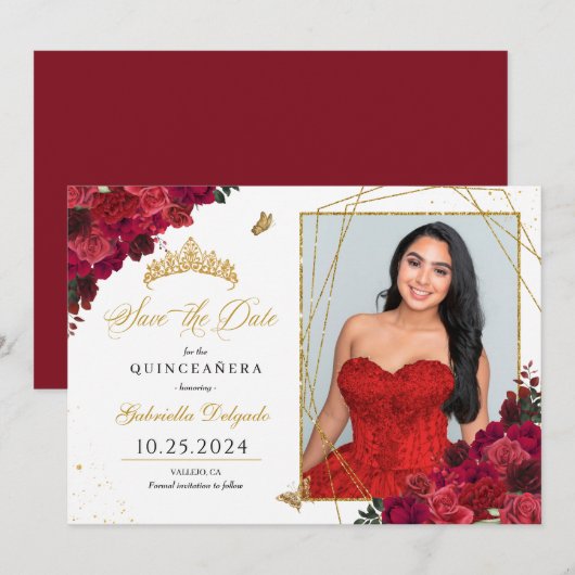 Rode Rozen Fotokaart Quinceañera De datum opslaan Kaart (Voorkant / Achterkant)