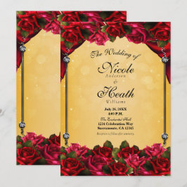 Rode Rozen Geel & Goud Elegante Trouwfeest Kaart