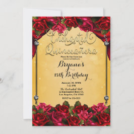 Rode Rozen Geel & Goud Quinceañera 15de Feestje Kaart