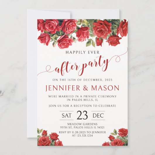 Rode rozen gelukkig ooit na bruiloft uitnodiging (Voorkant)