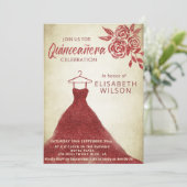 rode rozen glitterkleding Quinceañera Kaart (Staand voorkant)