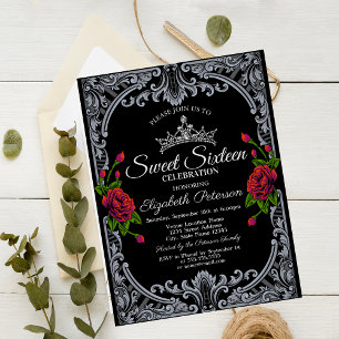 Rode Rozen Gothische Zwarte Strepen Sweet 16 Kaart