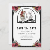 Rode Rozen Gotisch Skelet Koppel Foto Bruiloft Save The Date (Voorkant)