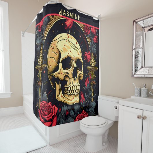 Rode rozen Gotische schedel Halloween Douchegordijn (In situ)