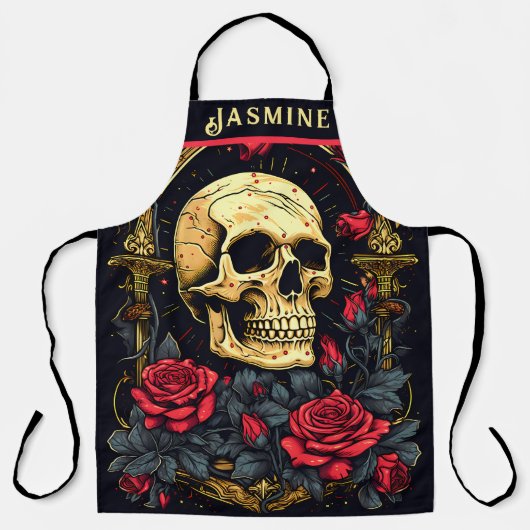 Rode rozen Gotische schedel Halloween Schort (Voorkant)