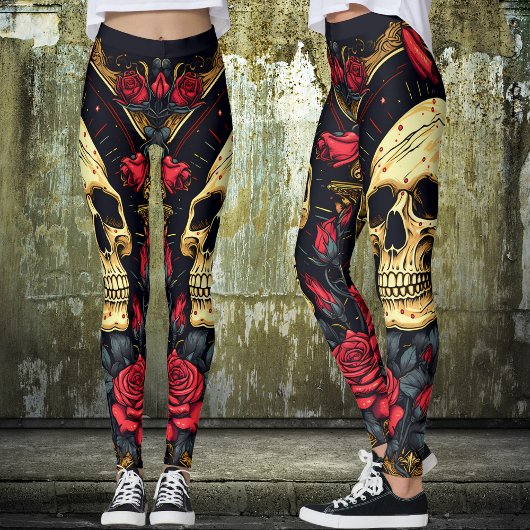 Rode rozen Gotische schedel Halloween Yoga Leggings