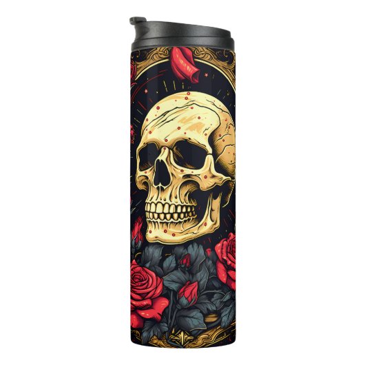 Rode rozen Gotische schedel Halloween Yoga Thermosbeker (Geroteerd rechts)