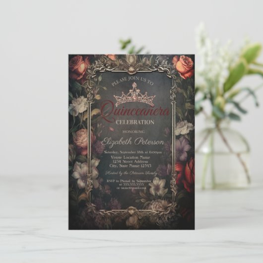  rode rozen gotische strepen quinceañera kaart (Staand voorkant)