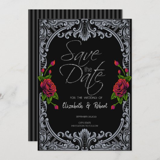 Rode rozen, gotische strepen redden de datum Kaart (Voorkant / Achterkant)