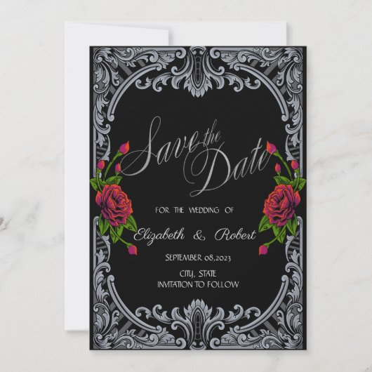 Rode rozen, gotische strepen redden de datum save the date (Voorkant)