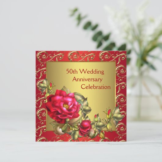 Rode Rozen Goud 50ste Huwelijksverjaardag Kaart (Staand voorkant)