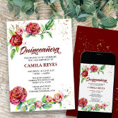  Rode Rozen Goud Confetti Bloemen Quinceanera Kaart
