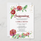  Rode Rozen Goud Confetti Bloemen Quinceanera Kaart (Voorkant)