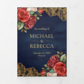 Rode Rozen Goud Kant Marine QR Code Foto Bruiloft Drieluik Uitnodiging (Cover)