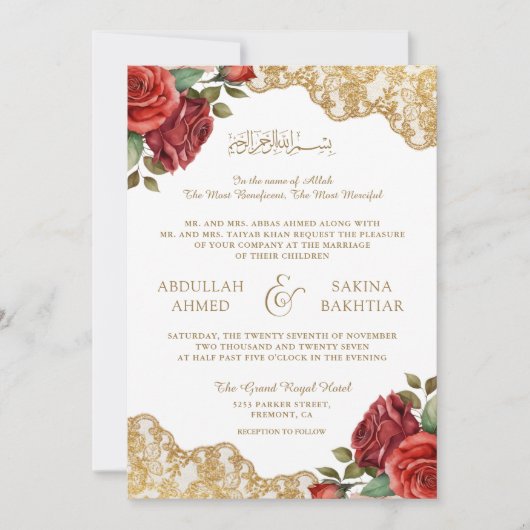 Rode Rozen Goud Kant QR Code Moslim Bruiloft Kaart (Voorkant)