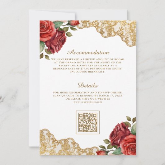 Rode Rozen Goud Kant QR Code Moslim Bruiloft Kaart (Achterkant)