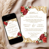 Rode Rozen Goud Kant QR Code Moslim Bruiloft Kaart