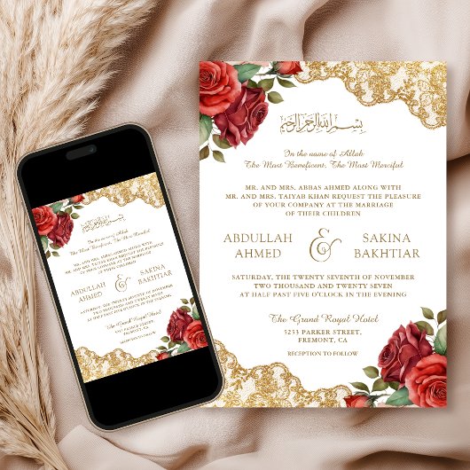 Rode Rozen Goud Kant QR Code Moslim Bruiloft Kaart