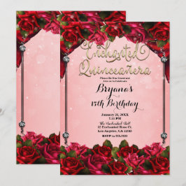 Rode Rozen Goud & Roze Quinceañera 15de Feestje Kaart