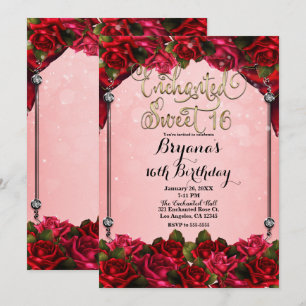 Rode Rozen Goud & Roze Sweet 16 16e Feestje Kaart