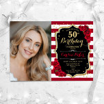 Rode Rozen Goud Zwart Foto 50e Verjaardag Kaart<br><div class="desc">Elegante bloemenvrouwelijke 50e verjaardagsuitnodiging met uw foto. Glam zwart wit rood design met faux glitter goud. Met strepen, rode rozen, script lettertype en confetti. Perfect voor een stijlvol volwassen feestje. Personaliseer met je eigen gegevens. Kan voor om het even welke leeftijd worden aangepast! Gedrukte Zazzle-uitnodigingen of direct download digitale afdrukbare...</div>