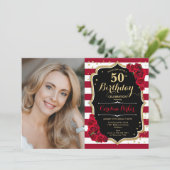 Rode Rozen Goud Zwart Foto 50e Verjaardag Kaart (Staand voorkant)