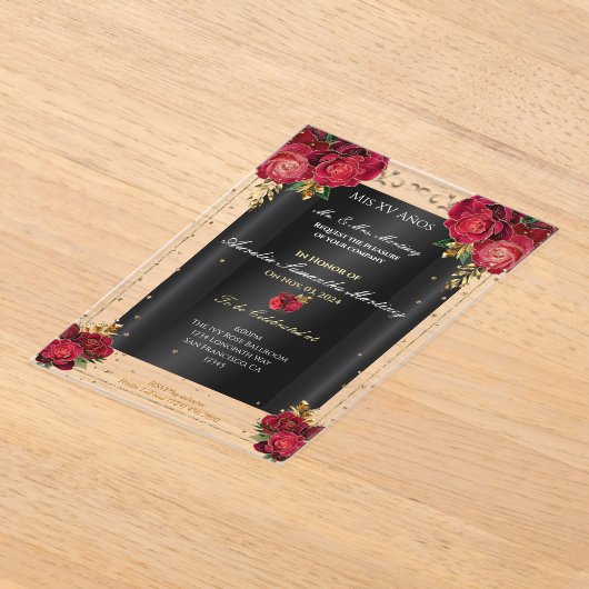 Rode Rozen, Goud, & Zwarte Quinceañera Acryl Uitnodigingen (Laagn)
