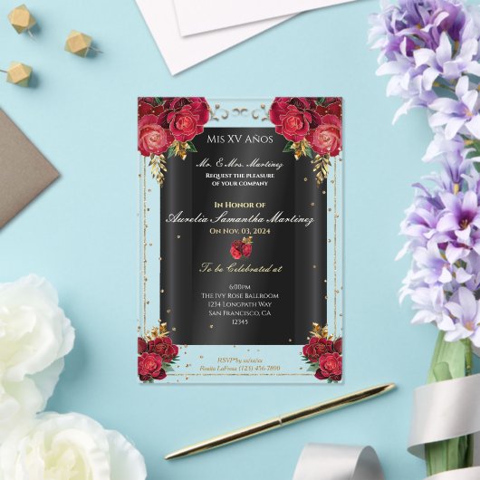 Rode Rozen, Goud, & Zwarte Quinceañera Acryl Uitnodigingen (Insitu (Huwelijk))