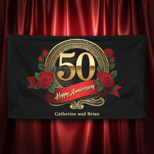 Rode Rozen & Gouden Accenten 50ste bruiloft Jubile Spandoek