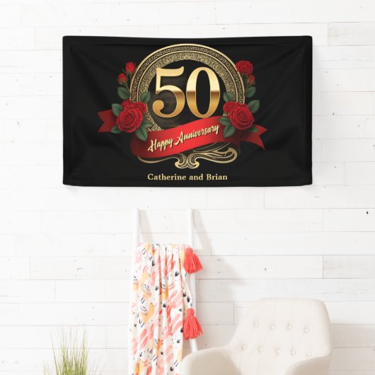 Rode Rozen & Gouden Accenten 50ste bruiloft Jubile Spandoek (Insitu)