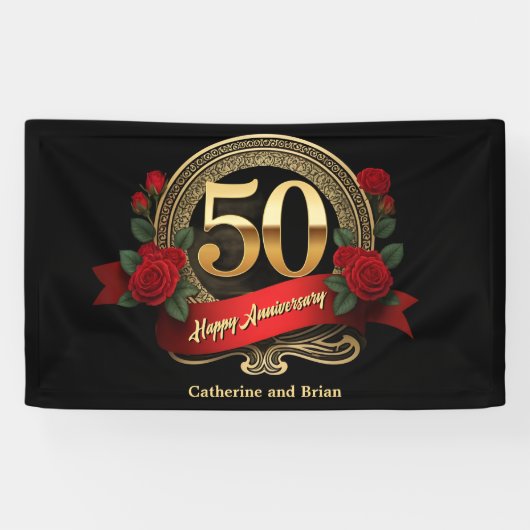 Rode Rozen & Gouden Accenten 50ste bruiloft Jubile Spandoek (Horizontaal)