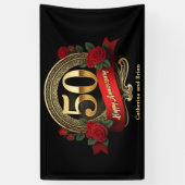 Rode Rozen & Gouden Accenten 50ste bruiloft Jubile Spandoek (Verticaal)