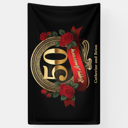 Rode Rozen & Gouden Accenten 50ste bruiloft Jubile Spandoek (Verticaal)