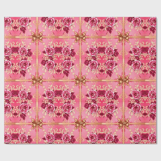 Rode Rozen Gouden Bogen Wrapping Paper Roll Cadeaupapier (Vlak)