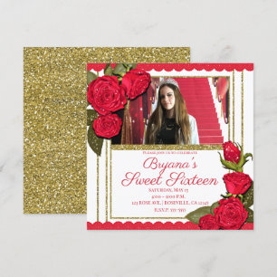 Rode Rozen Gouden Glitters Sweet 16 Verjaardagsfee Kaart