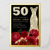Rode Rozen Gouden Jurk 50ste Verjaardag Party Goud Folie Uitnodiging (Voorkant)