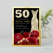 Rode Rozen Gouden Jurk 50ste Verjaardag Party Goud Folie Uitnodiging (Staand Voorkant)