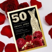 Rode Rozen Gouden Jurk 50ste Verjaardag Party Goud Folie Uitnodiging