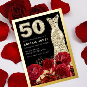 Rode Rozen Gouden Jurk 50ste Verjaardag Party Goud Folie Uitnodiging