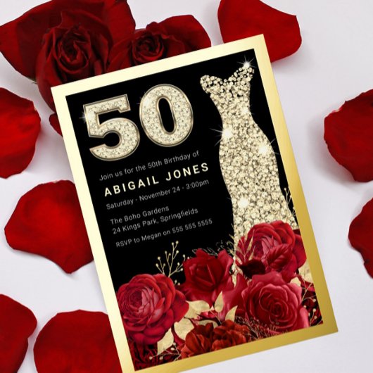 Rode Rozen Gouden Jurk 50ste Verjaardag Party Goud Folie Uitnodiging