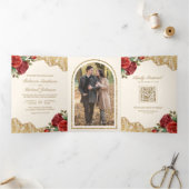 Rode Rozen Gouden Kant Cream QR Code Foto Bruiloft Drieluik Uitnodiging (Binnen)