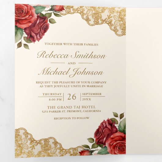 Rode Rozen Gouden Kant Cream QR Code Foto Bruiloft Drieluik Uitnodiging (Binnenzijde eerst)