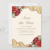 Rode Rozen Gouden Kant Crème Foto Bruiloft Save The Date (Voorkant)
