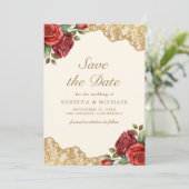 Rode Rozen Gouden Kant Crème Foto Bruiloft Save The Date (Staand voorkant)
